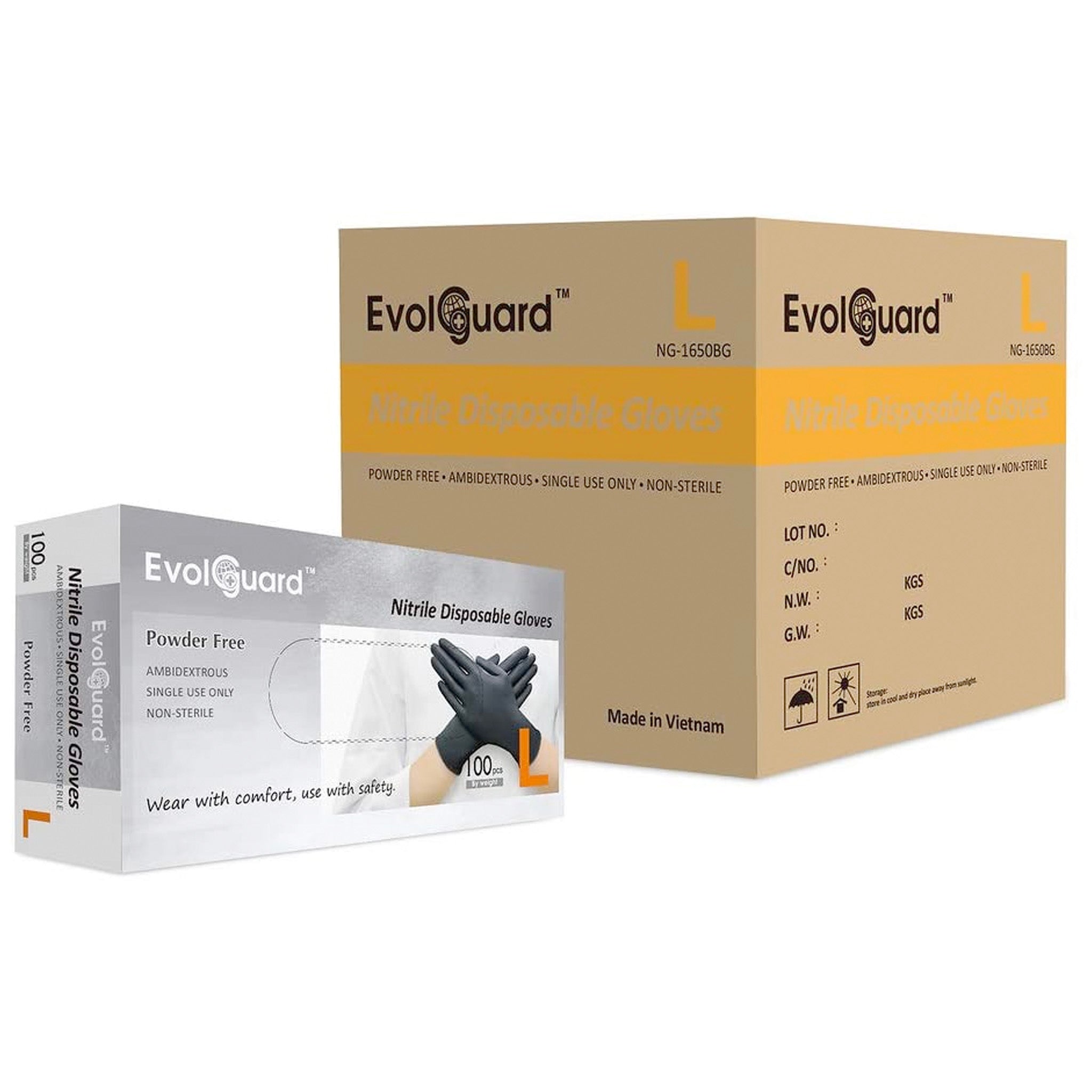 Evolguard – Black Nitrile Disposable Gloves, PowderFree, Latex-Free, Finger Textured, Disposable, Industrial, 3.5 mil